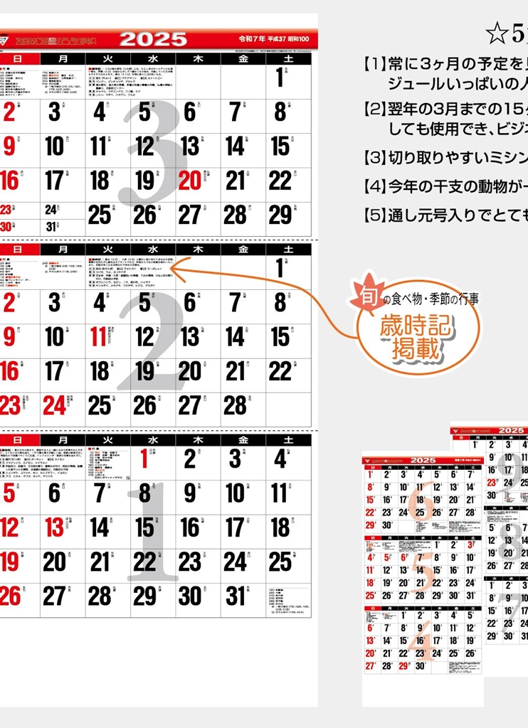 TD-795 , B3-6 , 3ヶ月文字（15ヶ月）-下から順タイプ-　名入れカレンダー class=
